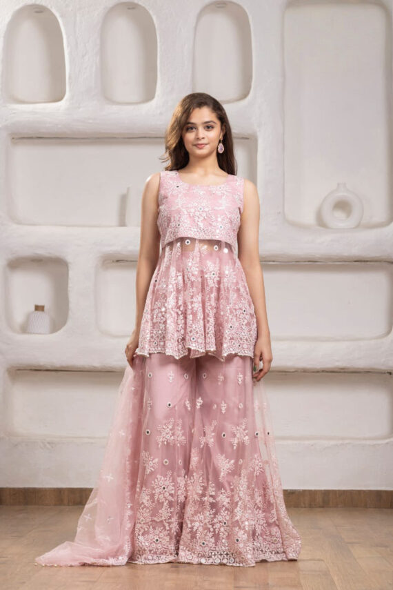 Peach Netted Plazo Set