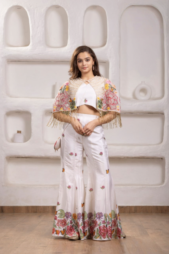 White Designer Cape Plazo Set