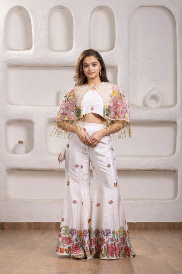 White Designer Cape Plazo Set