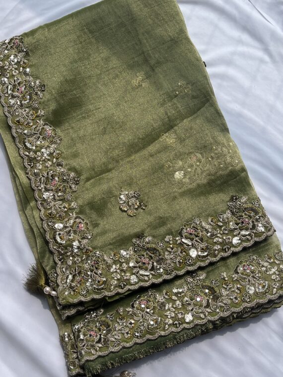 Olive Green Organza Sequin Saree