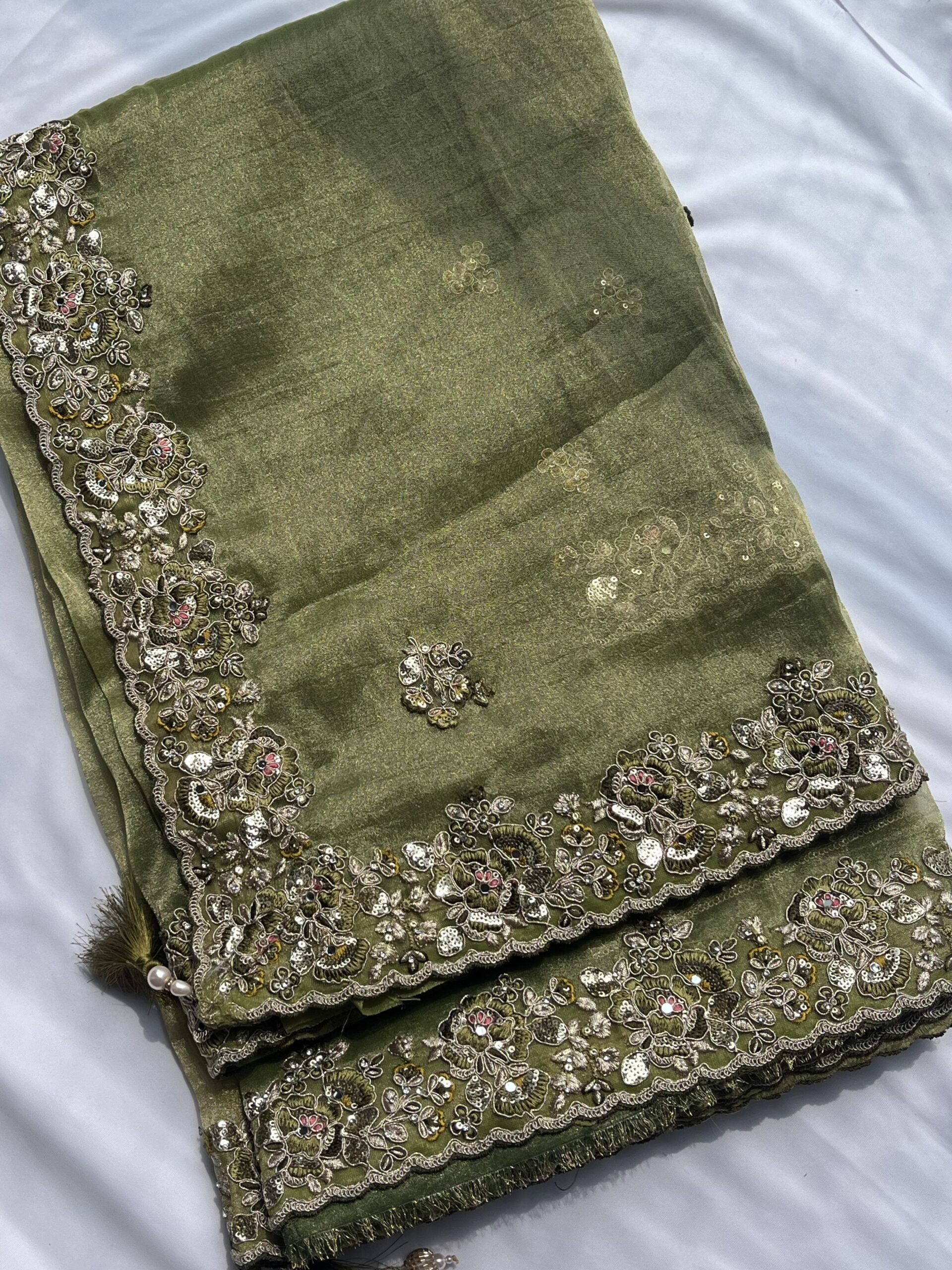 Olive Green Organza Sequin Saree