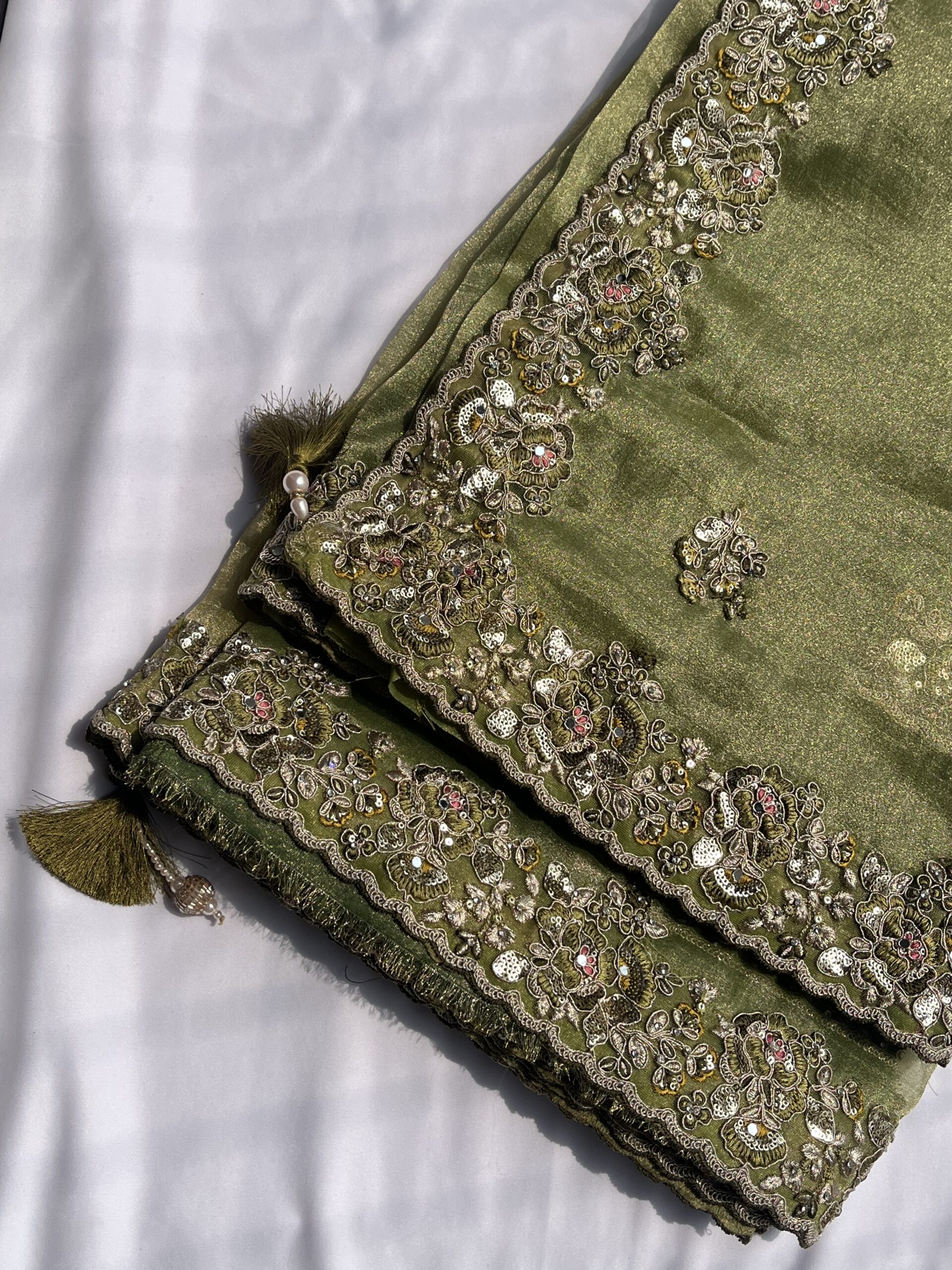 Olive Green Organza Sequin Saree - Image 2