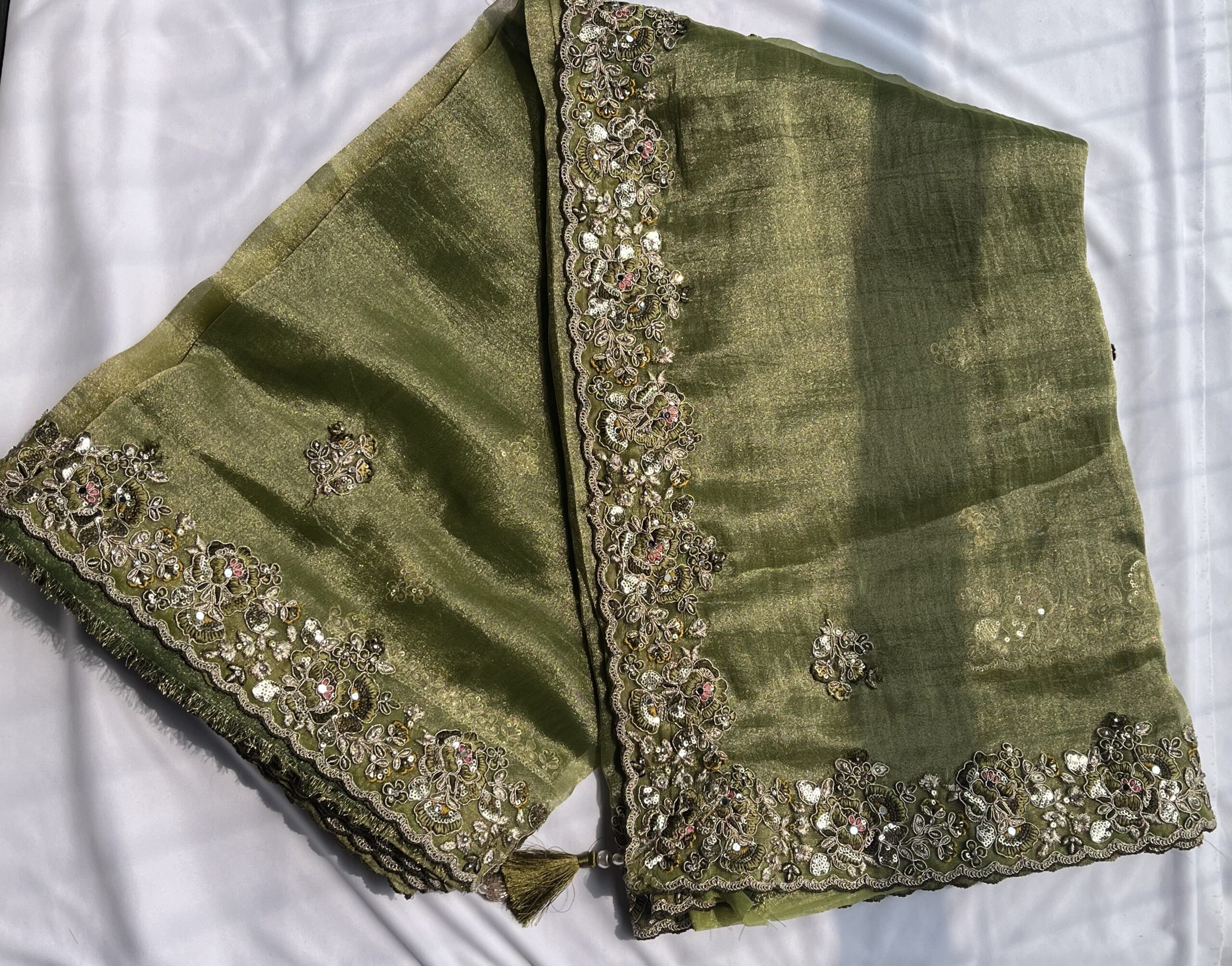 Olive Green Organza Sequin Saree - Image 3