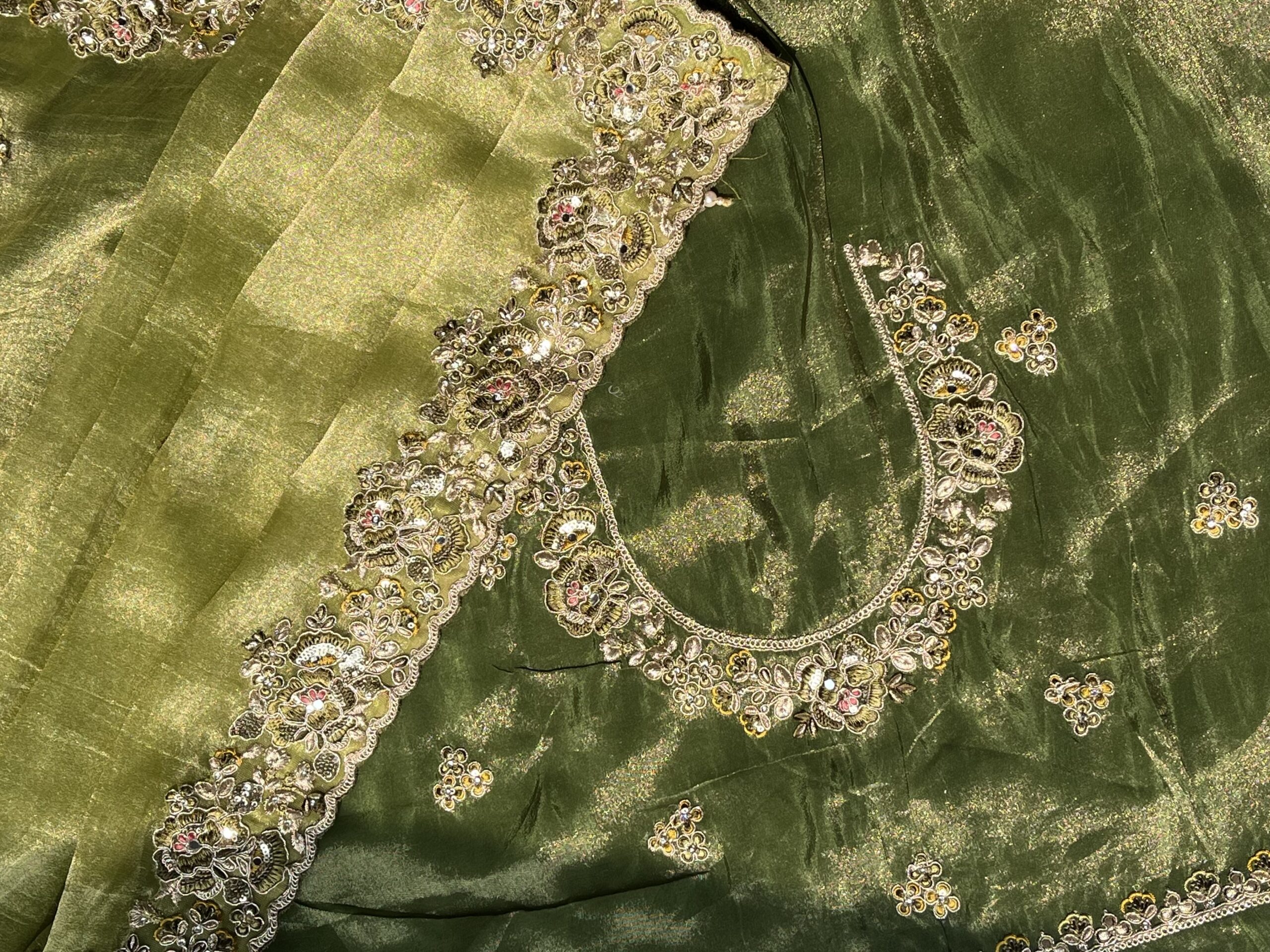 Olive Green Organza Sequin Saree - Image 4