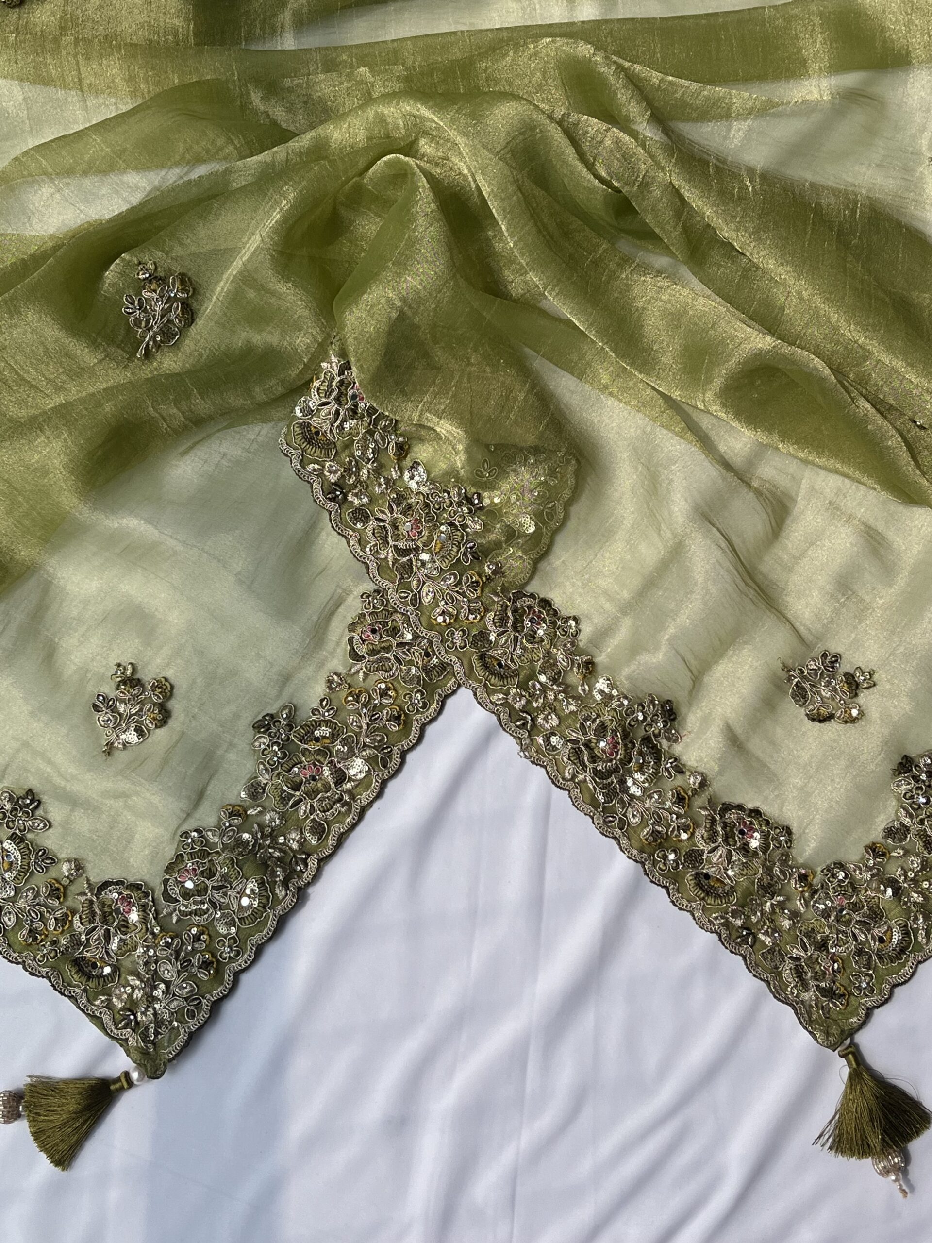 Olive Green Organza Sequin Saree - Image 5