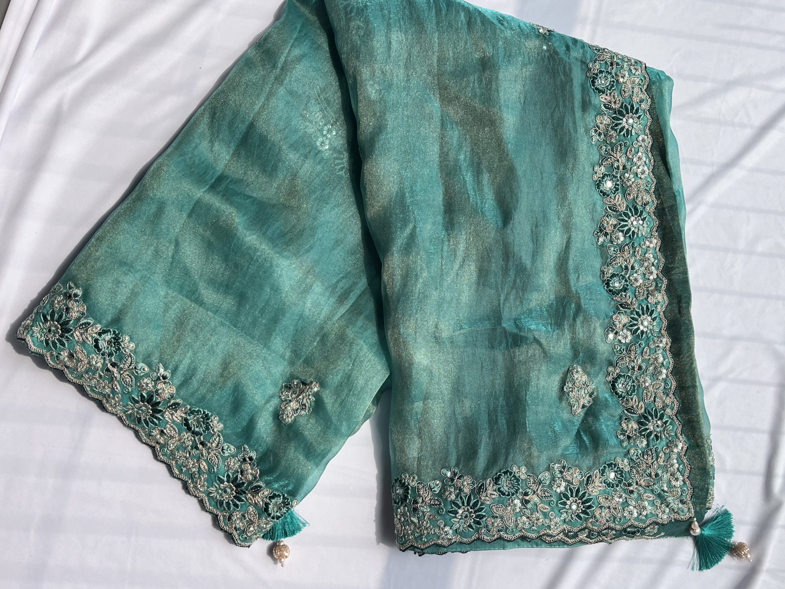 Sage Green Organza Sequin Saree - Image 3