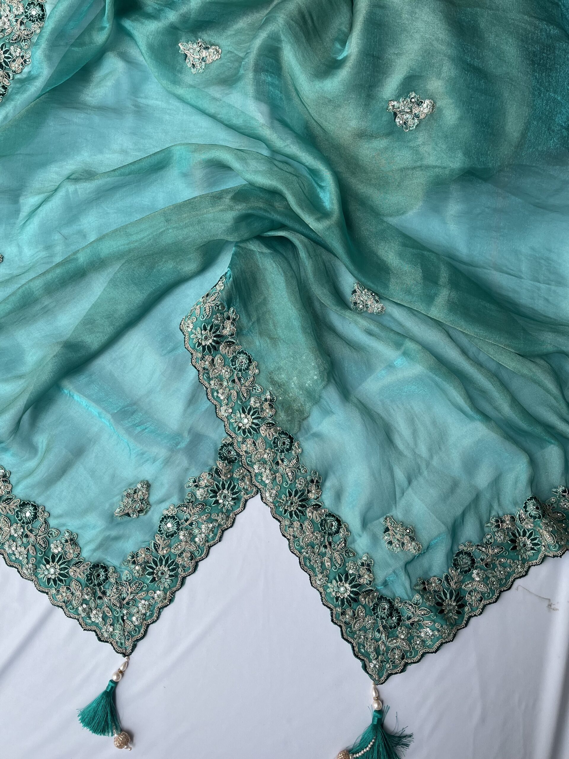 Sage Green Organza Sequin Saree - Image 5