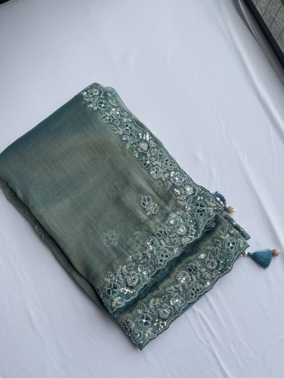 Teal Organza Mirror Saree