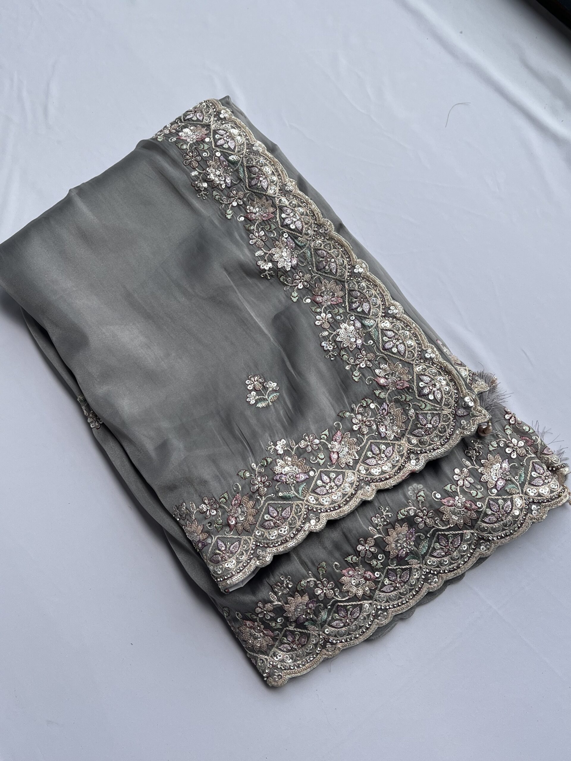 Grey Organza Thread & Sequin Saree