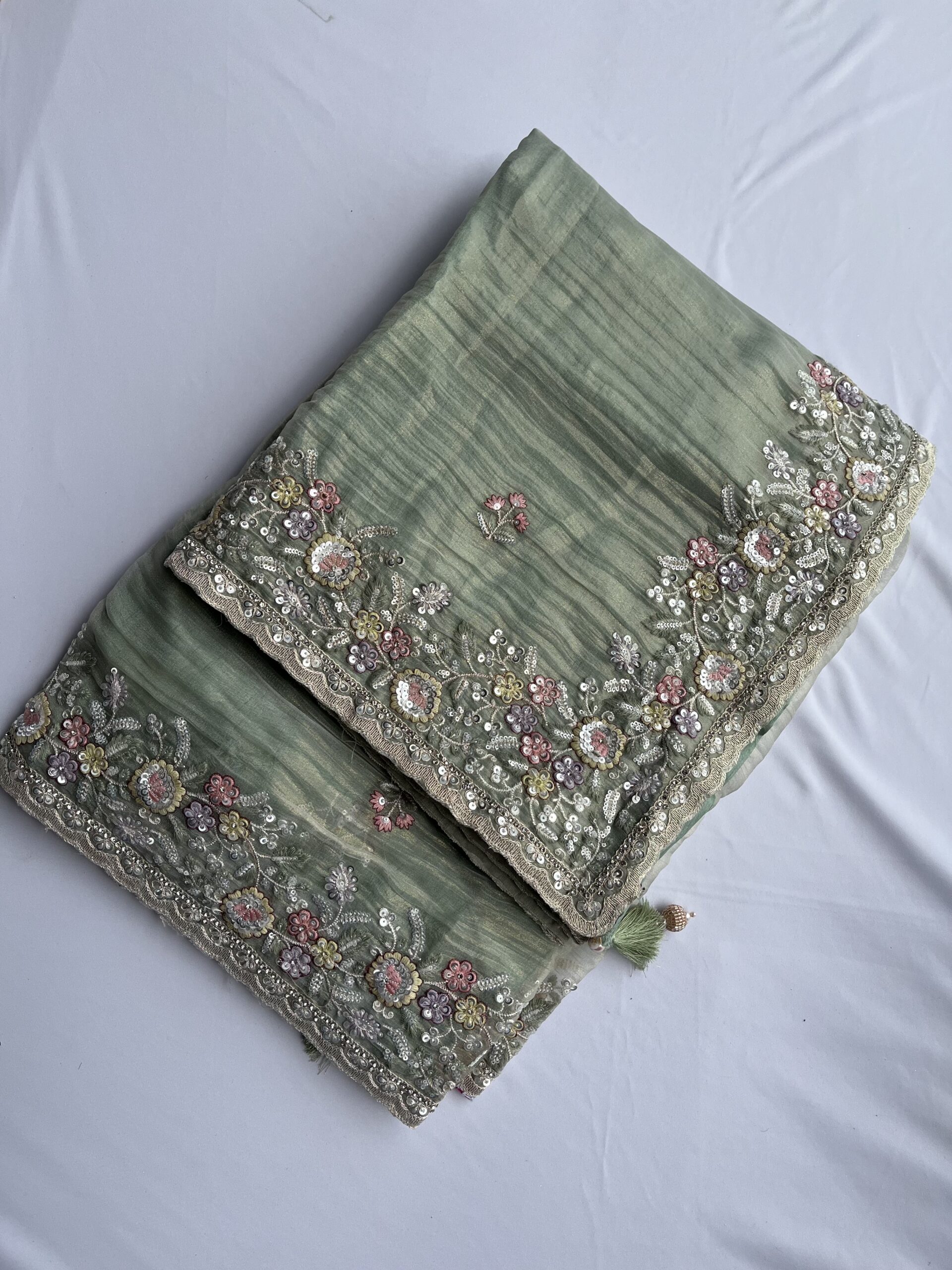 Pista Green Organza Sequin Saree