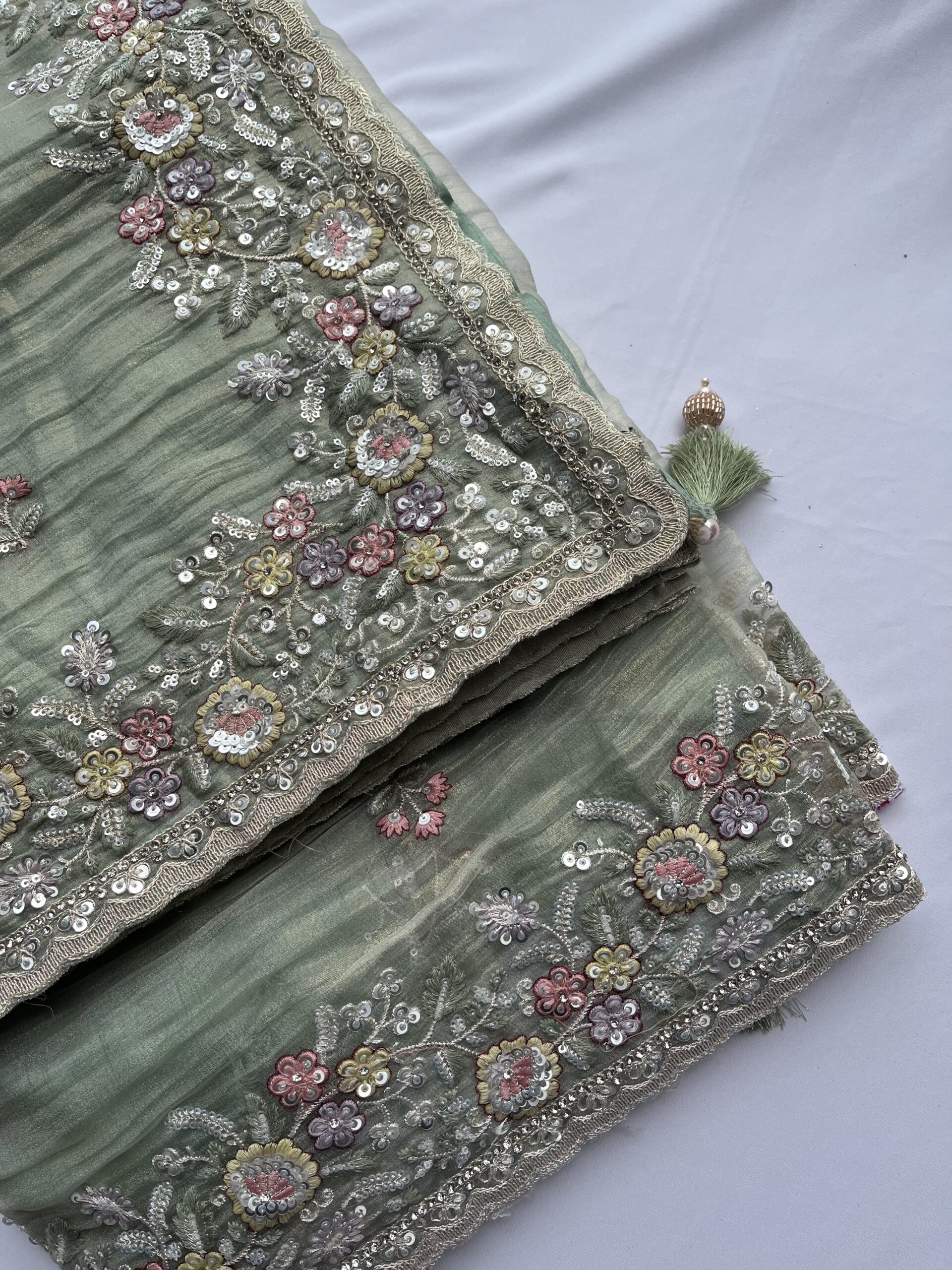 Pista Green Organza Sequin Saree - Image 2