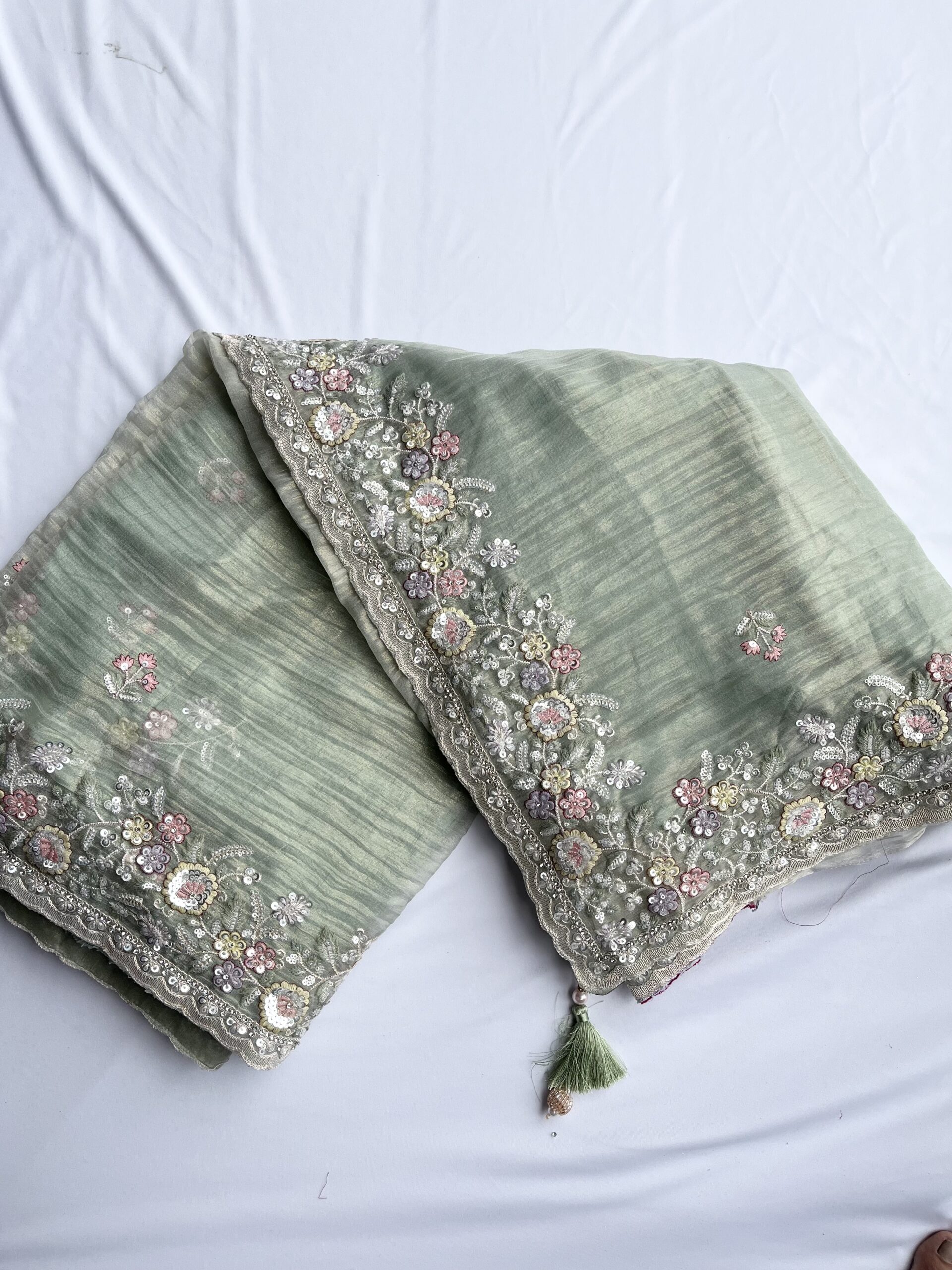 Pista Green Organza Sequin Saree - Image 3