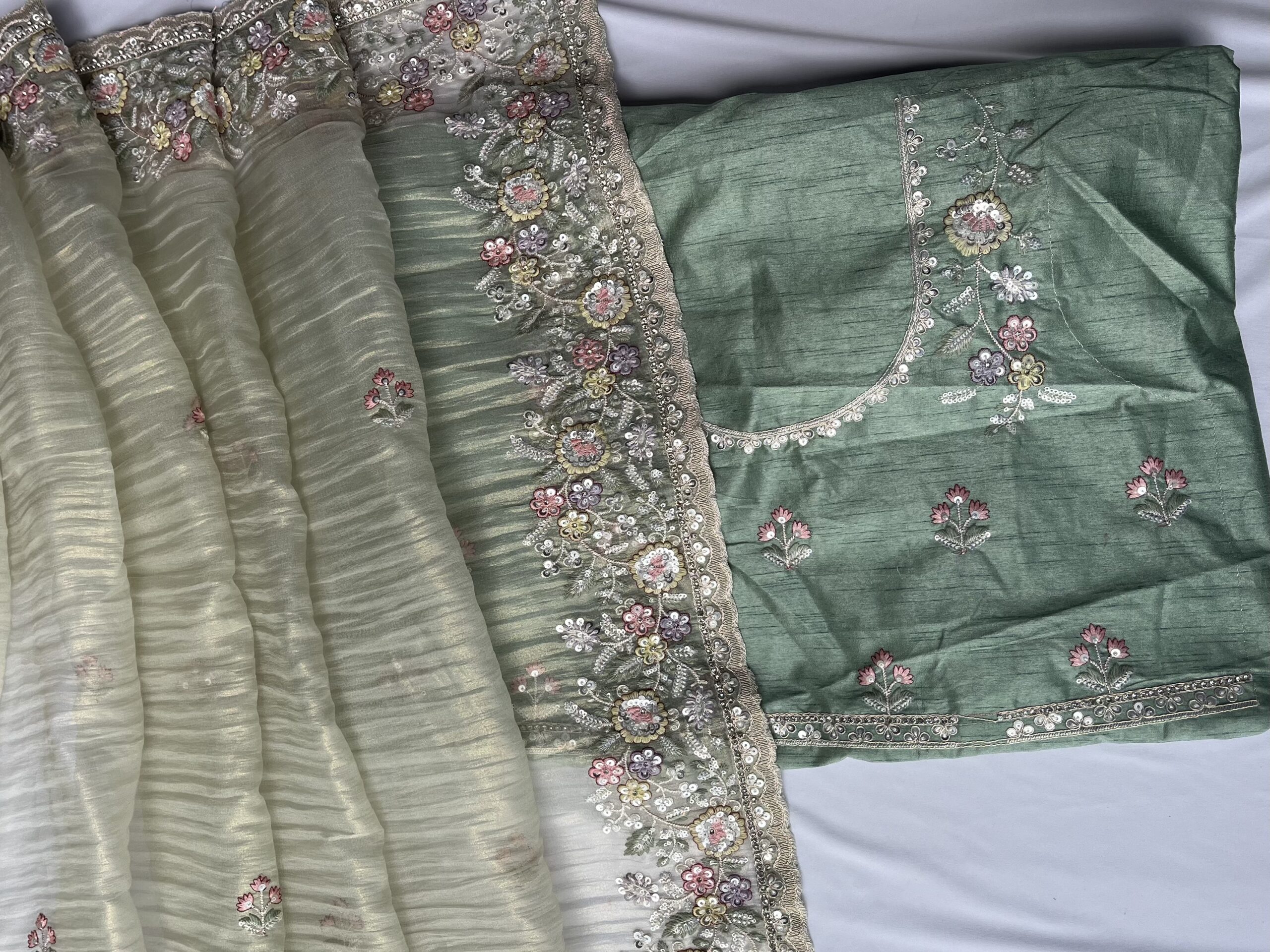 Pista Green Organza Sequin Saree - Image 4