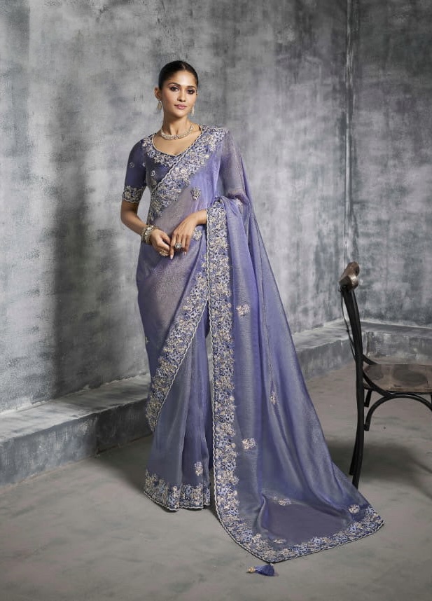 Purple Organza Thread & Sequin Saree - Image 6