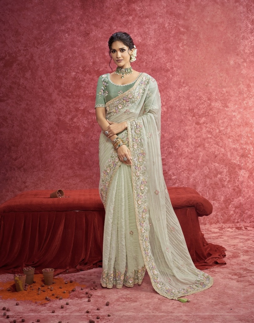 Pista Green Organza Sequin Saree - Image 5