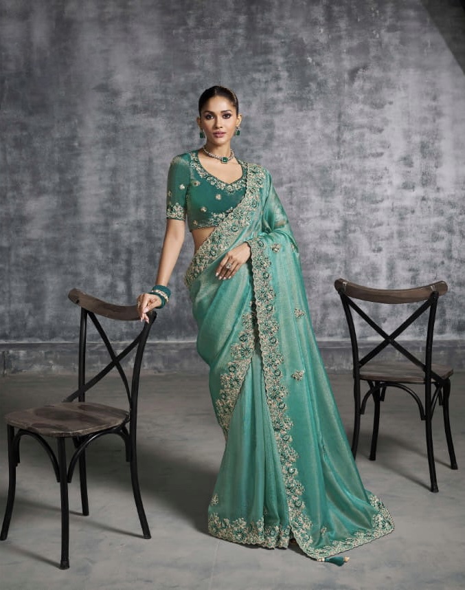 Sage Green Organza Sequin Saree - Image 6