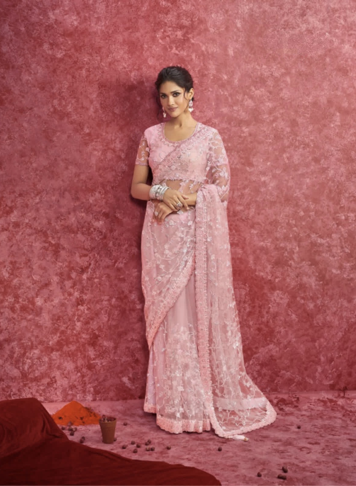 Pink Netted Saree - Image 6