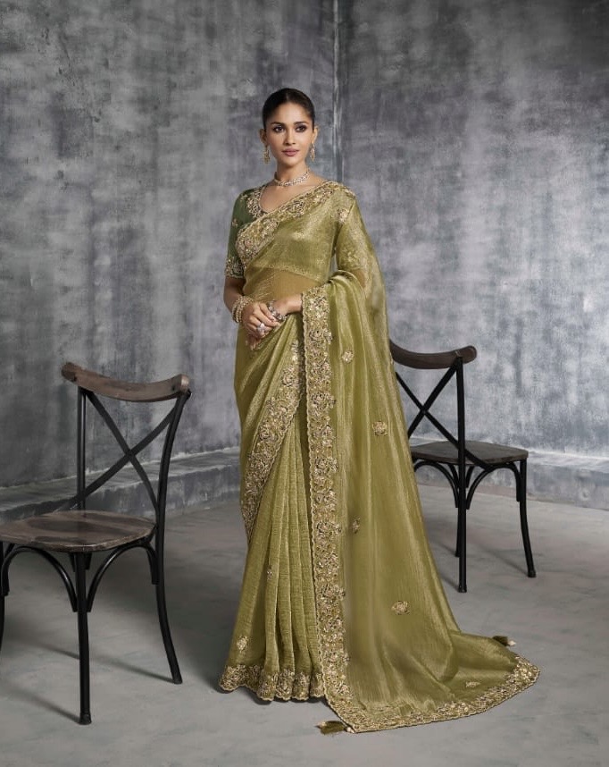 Olive Green Organza Sequin Saree - Image 6