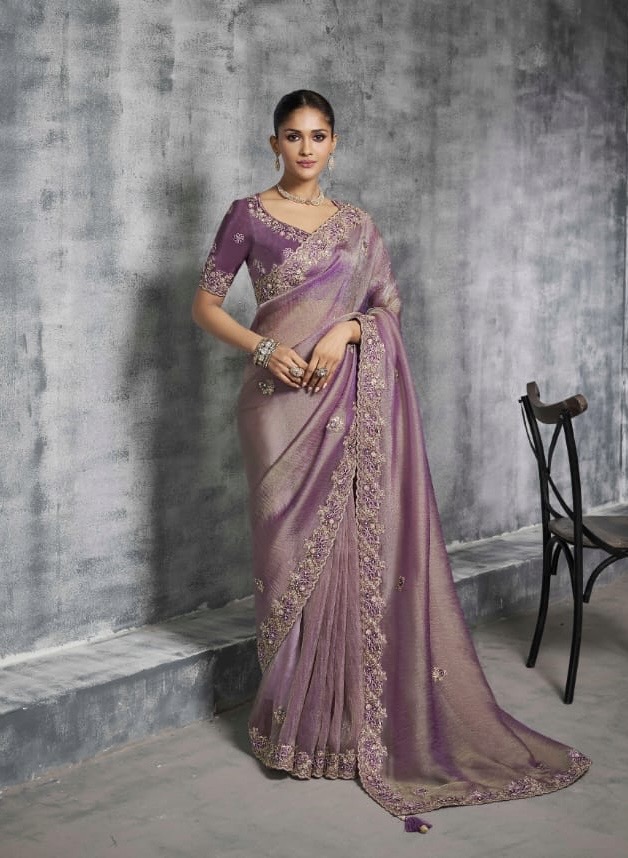 Dusty Purple Sparkle Organza Saree - Image 6