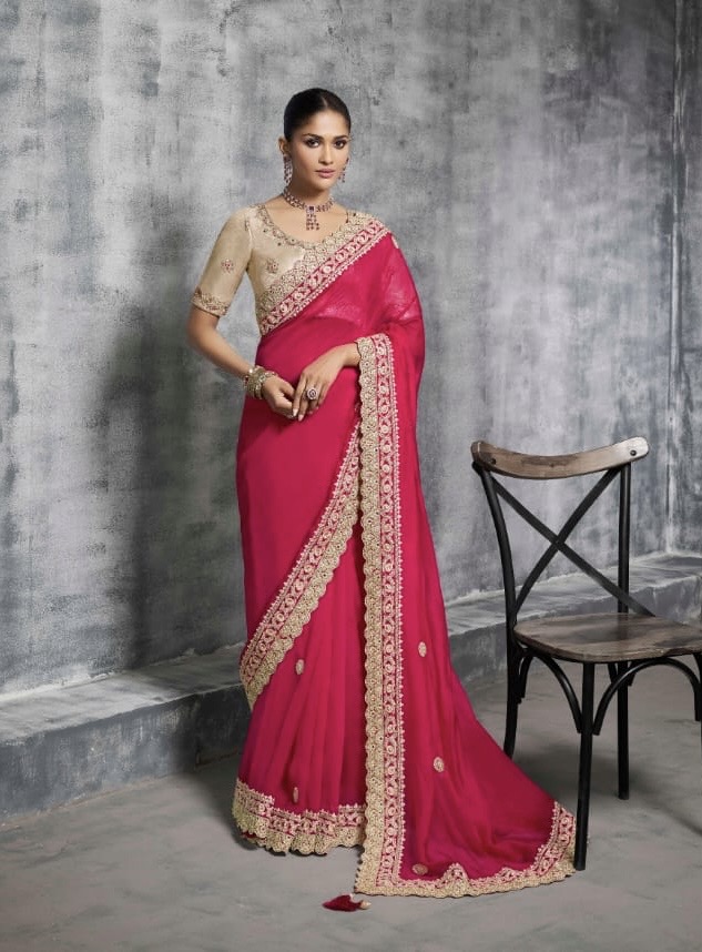 Rani Pink Crepe Mirror Saree - Image 5