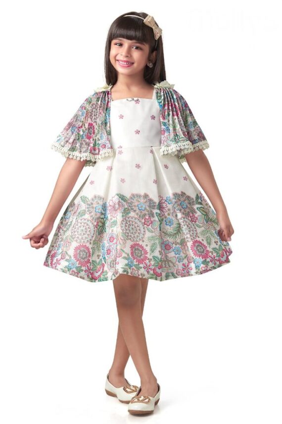 Cream Floral Designer Sleeve Frock