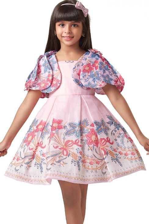 Pink Floral Designer Sleeve Frock - Image 2