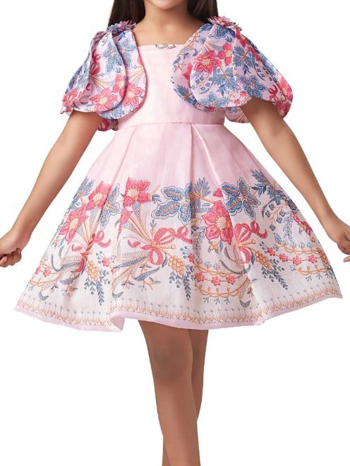 Pink Floral Designer Sleeve Frock - Image 3