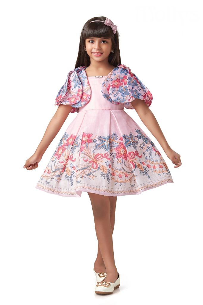 Pink Floral Designer Sleeve Frock