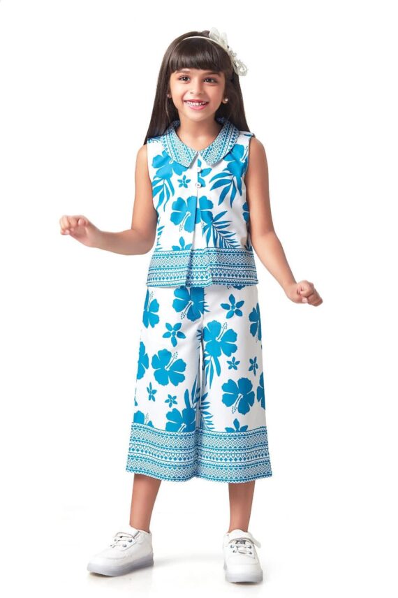 Blue & White Printed Culotte Set