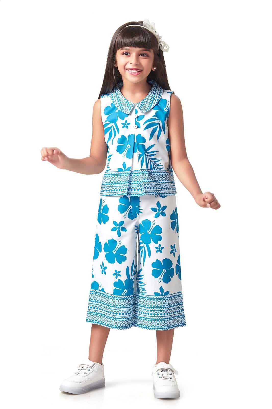 Blue & White Printed Culotte Set